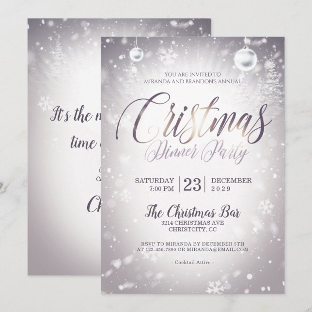 Invitación Navidades plateados Navidades Baubles Fiesta de ce (Anverso / Reverso)