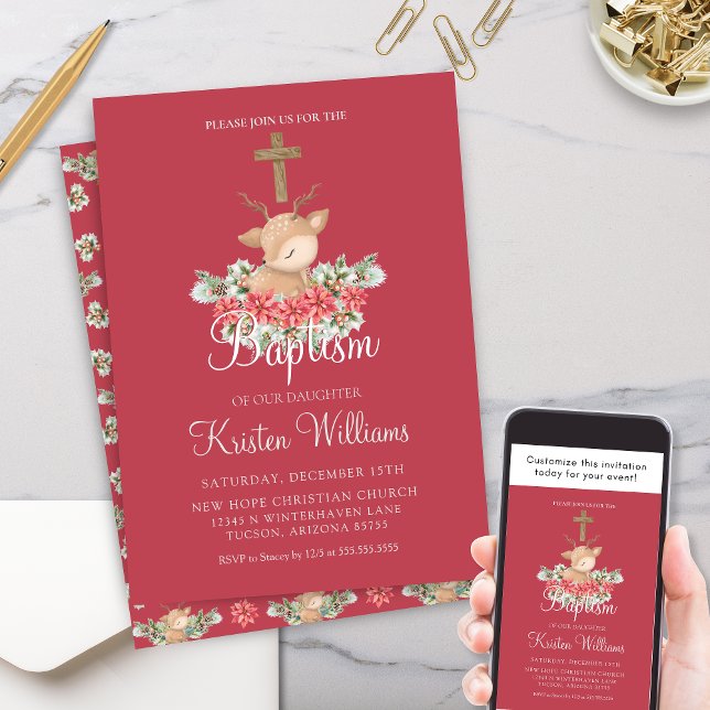 Invitación Navidades Poco Queridos Baptismo Cruz De La Cristi (Cute Little Dear Christmas Winter Baptism Invitaiton with Poinsettia and Pine Floral Script)