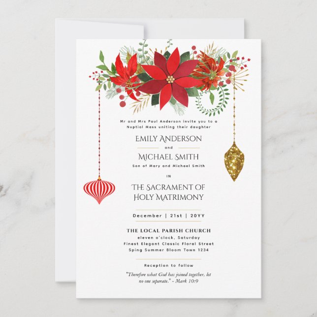 Invitación Navidades Poinsettia Boda católico Masa Nupcial (Anverso)