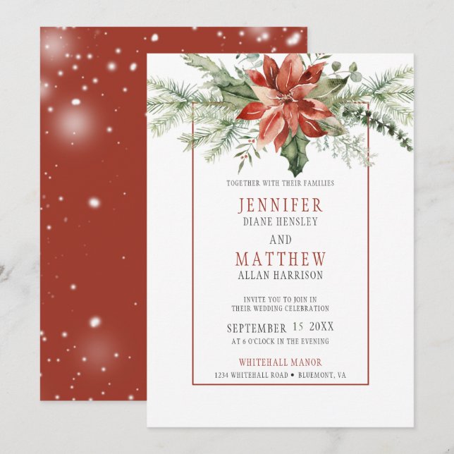 Invitación Navidades Poinsettia Evergreens Garland Boda | (Anverso / Reverso)