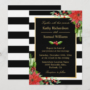 Invitación Navidades Poinsettia Floral Black Stripes Boda