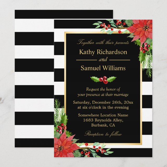 Invitación Navidades Poinsettia Floral Black Stripes Boda (Anverso / Reverso)