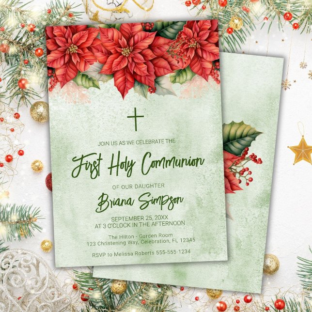 Invitación Navidades Poinsettia Floral Primera Santa Comunión (Subido por el creador)