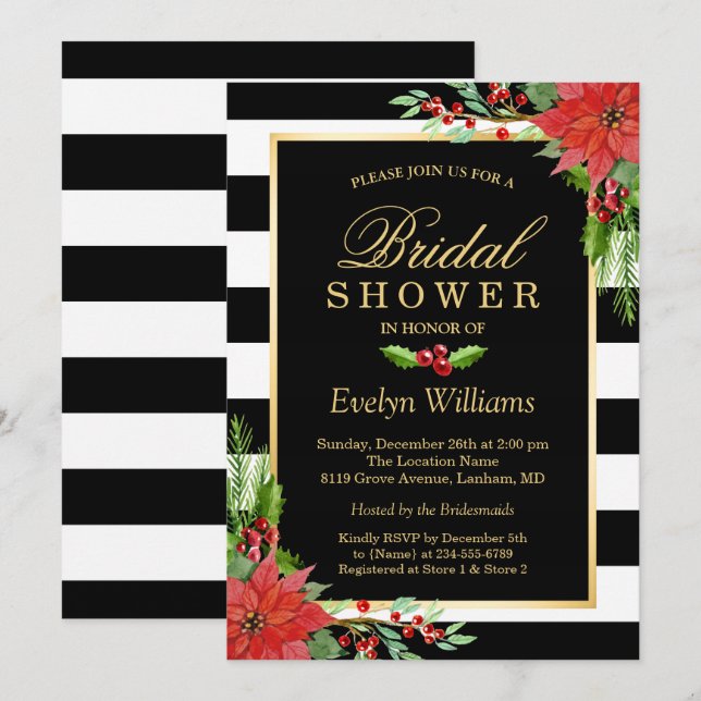 Invitación Navidades Poinsettia Floral Striped Bridal Shower (Anverso / Reverso)