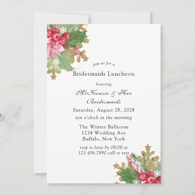 Invitación Navidades Poinsettia Gold Bridesmaids Luncheon (Anverso)