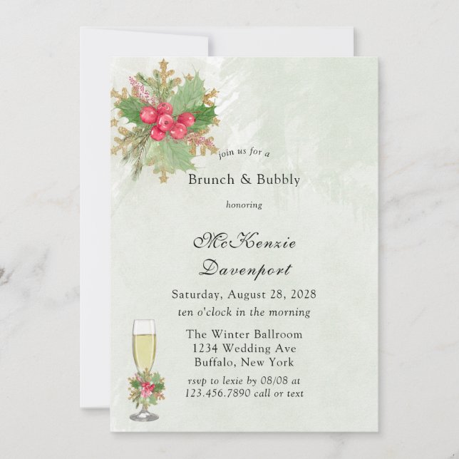 Invitación Navidades Poinsettia Gold Brunch & Bubbly (Anverso)