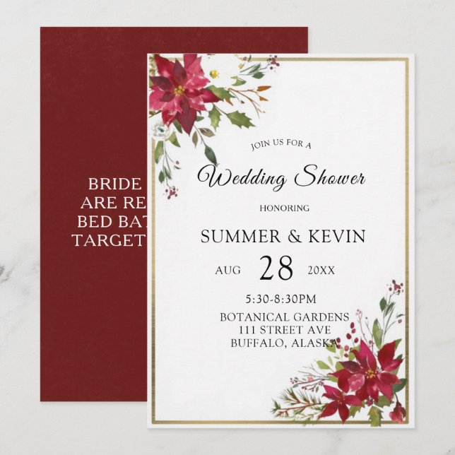 Invitación Navidades Poinsettia Gold FrameWedding Ducha (Anverso / Reverso)