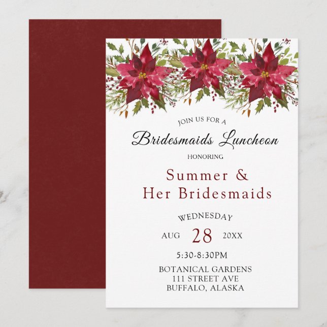 Invitación Navidades Poinsettia Greenery Bridesmaids Luncheon (Anverso / Reverso)