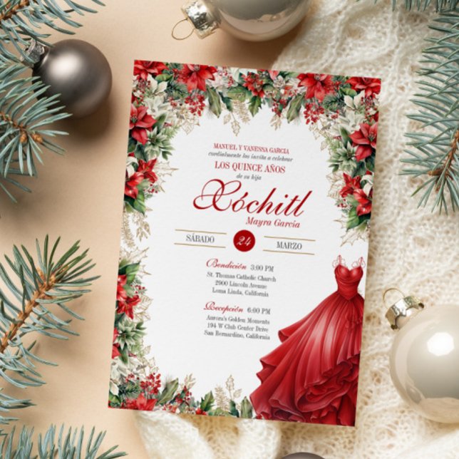 Invitación Navidades Poinsettia Holiday Flora Roja Quinceañer (Subido por el creador)