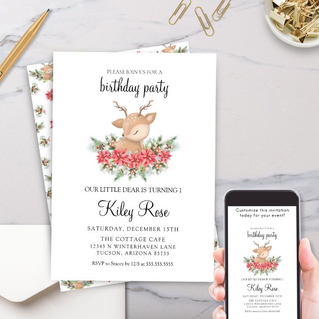 Invitación Navidades Poinsettia Little Deer Birthday Party (Cute Little Deer Dear Christmas Theme Birthday Party Invitation with Poinsettias and Pine Cones)