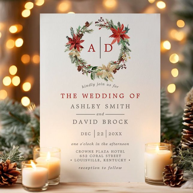 Invitación Navidades Poinsettia Monogram Wreath Boda (Subido por el creador)