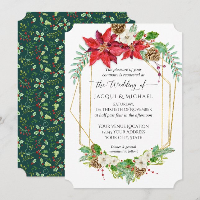 Invitación Navidades Poinsettia Red Gold Terrarium Watercolor (Anverso / Reverso)