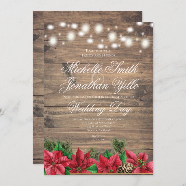 Invitación Navidades Poinsettia Rustic Winter Wedding (Anverso / Reverso)