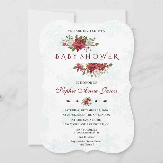 Invitación Navidades Poinsettia Snowflakes Baby Shower (Anverso)