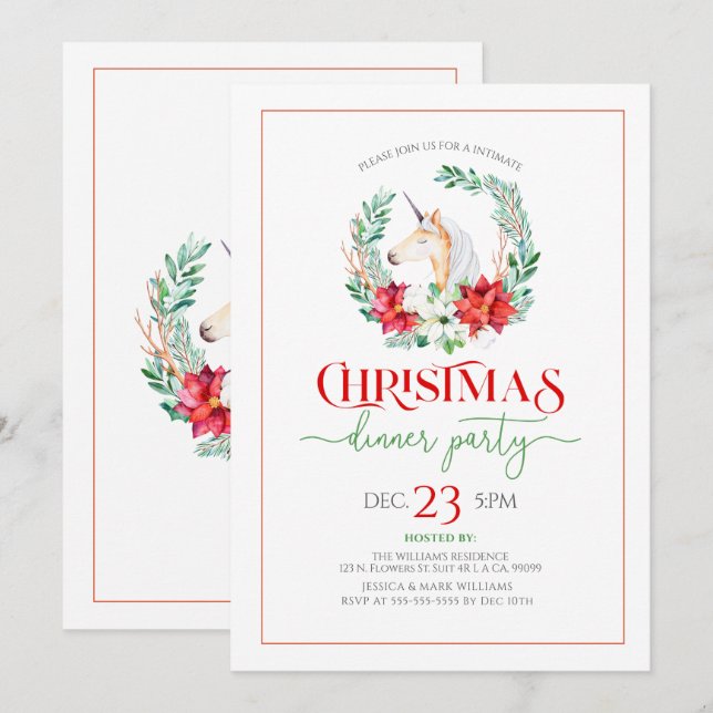 Invitación Navidades poinsettia & unicorn wreath fiesta invit (Anverso / Reverso)
