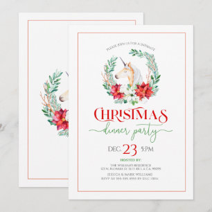 Invitación Navidades poinsettia & unicorn wreath fiesta invit
