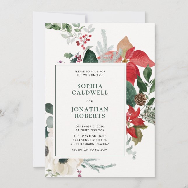 Invitación Navidades Poinsettias y verde Boda de código QR (Anverso)
