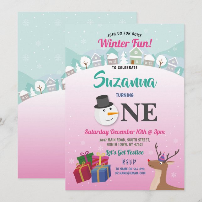 Invitación Navidades Primer Fiesta de cumpleaños Chicas de Sa (Anverso / Reverso)