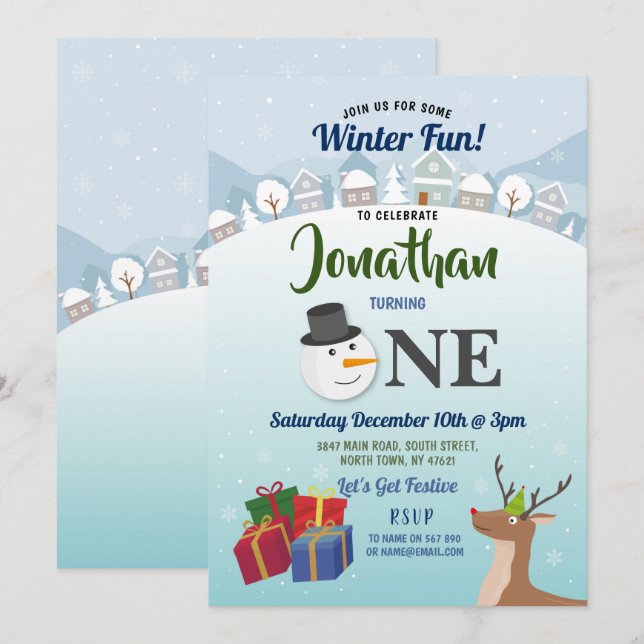 Invitación Navidades Primer Fiesta de cumpleaños Santa Snowma (Anverso / Reverso)