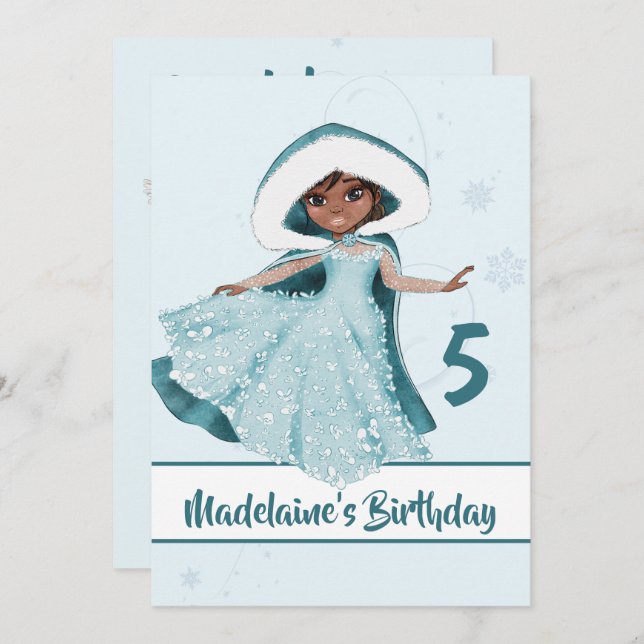 Invitación Navidades Princesa Cumpleaños Cabello Oscuro Copos (Anverso / Reverso)