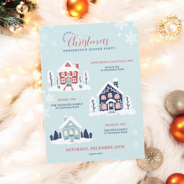 Invitación Navidades Progresista Fiesta de cena Snowy Village (Christmas Progressive Dinner Party Snowy Village Invitation)