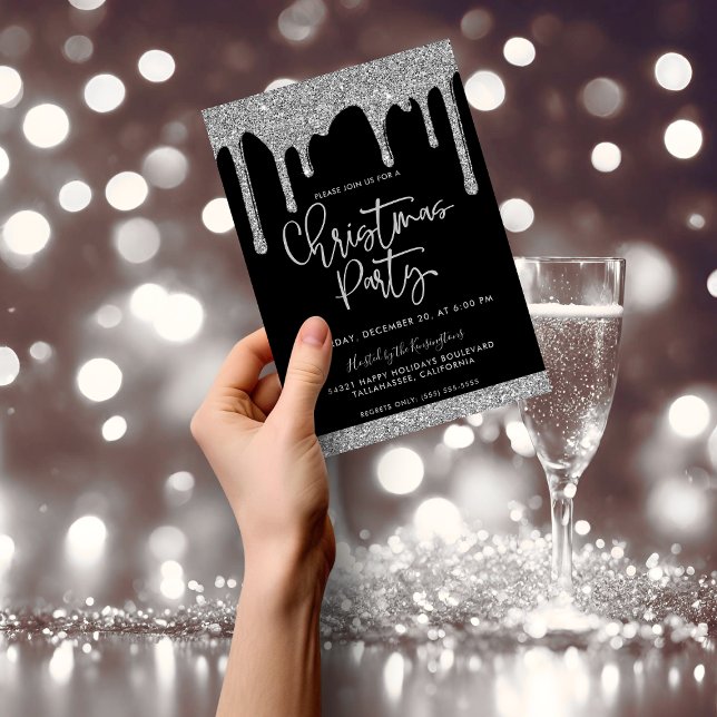 Invitación Navidades Purpurina de Plata Negra delata fiesta n (Black and Silver Glitter Christmas Party Invitation)
