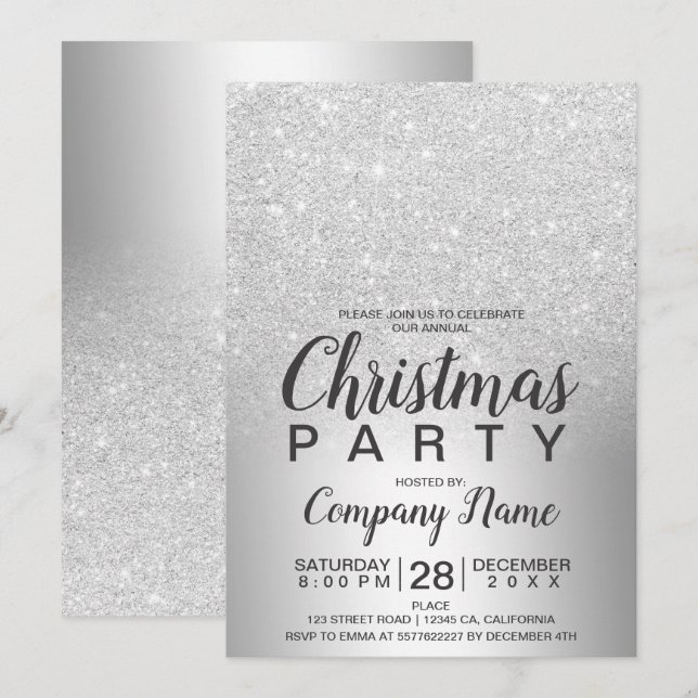 Invitación Navidades purpurina plateado corporativo Relieve m (Anverso / Reverso)