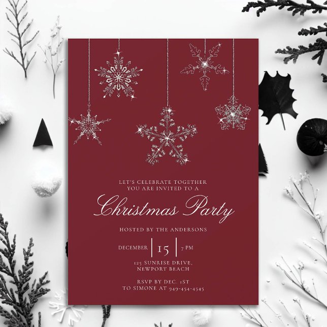Invitación Navidades Purpurinas de copos de nieve del Diamant (rhinestones glitter christmas party invitation elegant white red modern minimalist classy stylish)