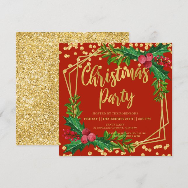 Invitación Navidades Purpurinas de la Festividad Roja Dorada  (Anverso / Reverso)