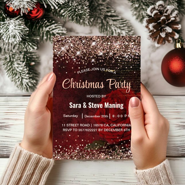 Invitación Navidades purpurinas de moda de flores rojas (Subido por el creador)