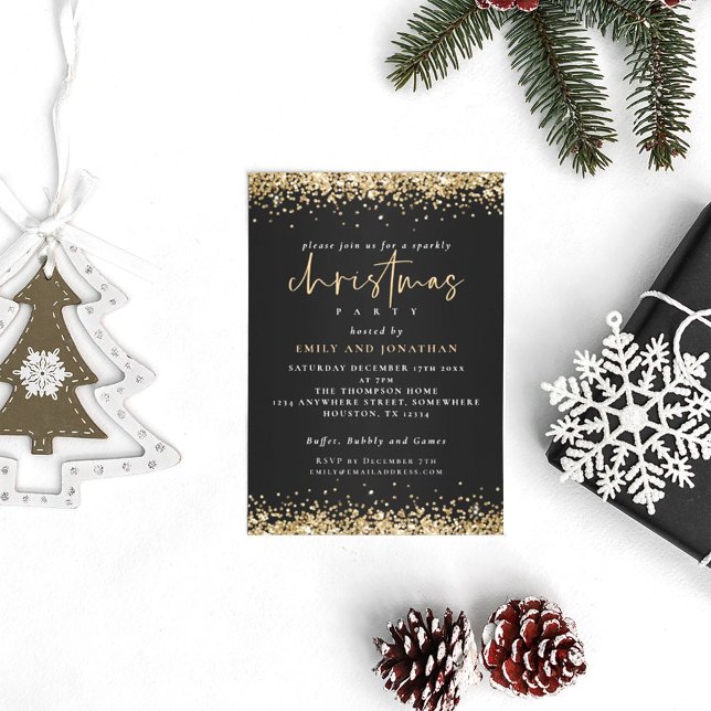 Invitación Navidades Purpurinas de oro moderno Fiesta negro (Subido por el creador)