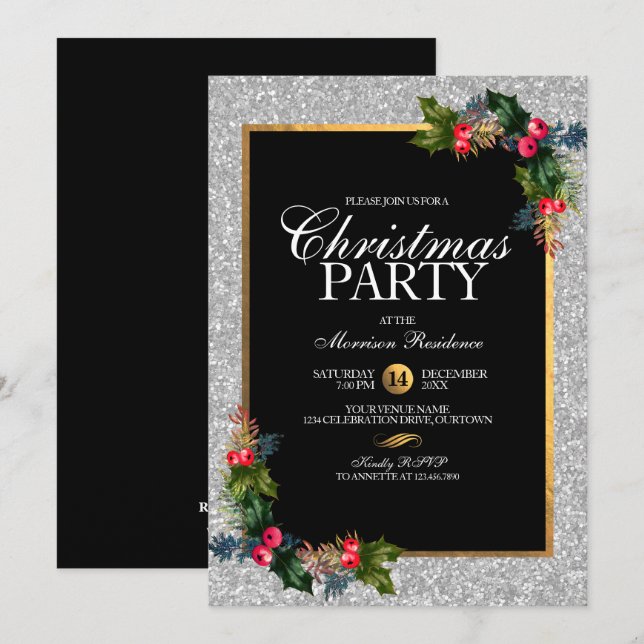 Invitación Navidades Purpurinas de Plata y Oro Elegante Fiest (Anverso / Reverso)