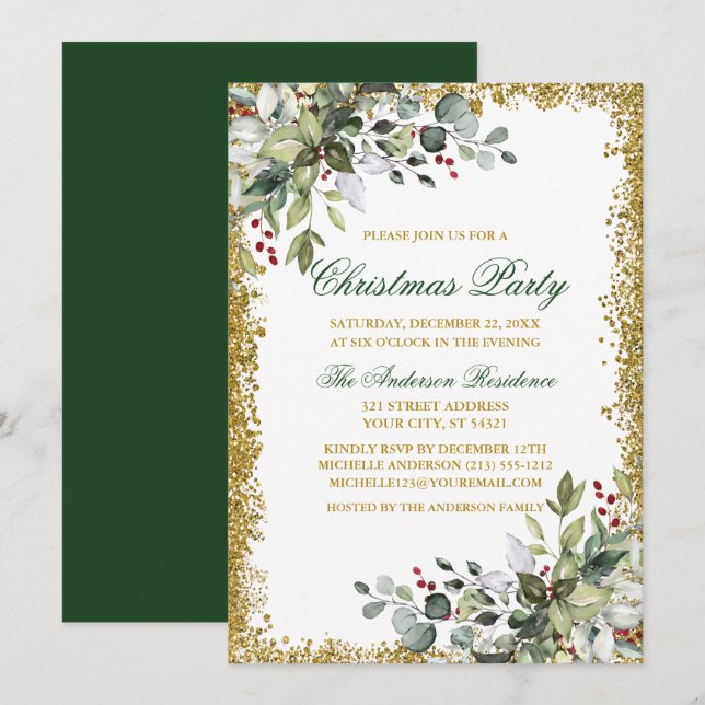 Invitación Navidades Purpurinas de Watercolor Greenery Berrie (Anverso / Reverso)