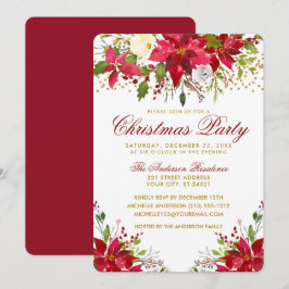 Invitación Navidades Purpurinas Floral Red Poinsettia Gold Fi