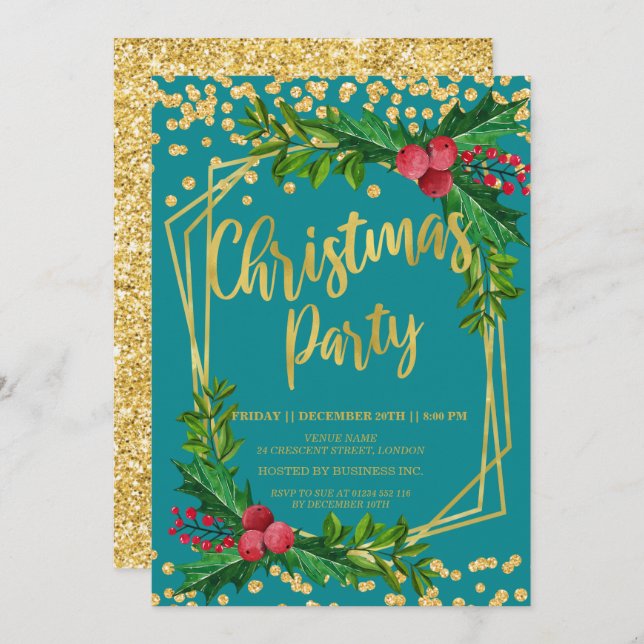 Invitación Navidades Purpurinas Gold Verde azulado Floral Hol (Anverso / Reverso)