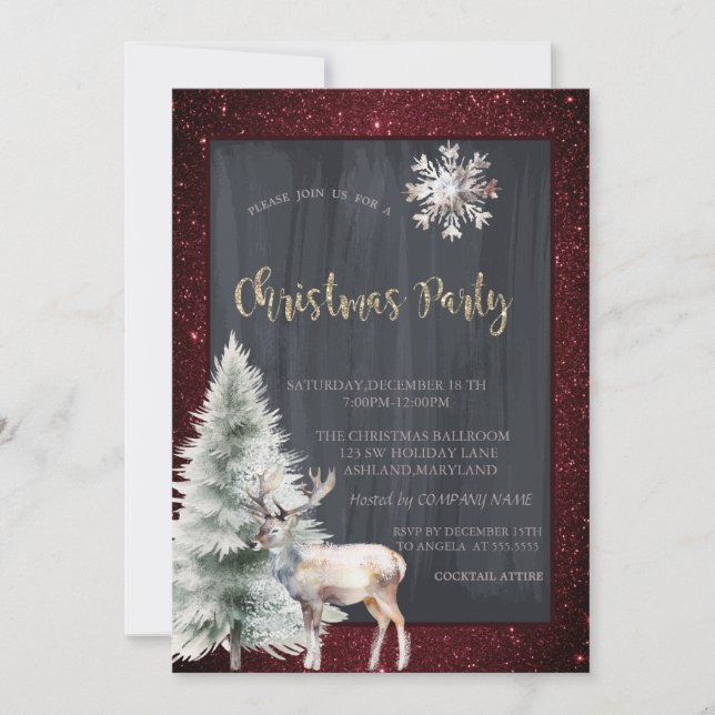 Invitación Navidades Purpurinas rojos de pino de reno (Anverso)