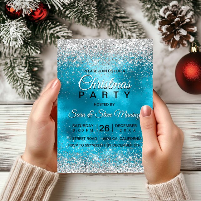 Invitación Navidades purpurinas turquesa plateados (Subido por el creador)