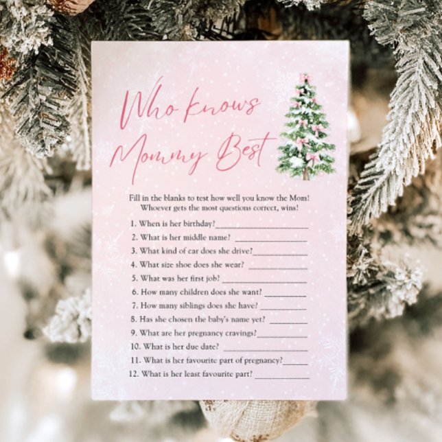 Invitación Navidades que conocen a mamá mejor juego de Baby S (Pink Bows Christmas Who Knows Mommy Best Baby Shower Game )