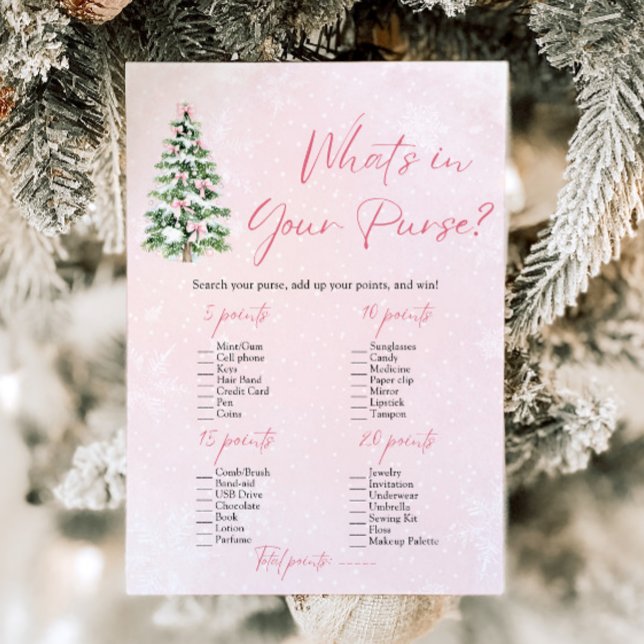 Invitación Navidades ¿Qué hay en el juego de Baby Shower en t (Pink Bows Christmas What's In Your Purse Baby Shower Game)