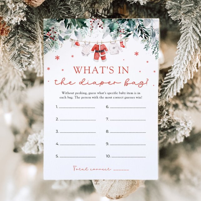 Invitación Navidades ¿Qué hay en la Baby Shower de la bolsa d (Watercolor Christmas Santa What's In The Diaper Bag Baby Shower Game)