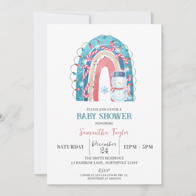 Invitación Navidades Rainbow Baby Shower, hombre de nieve (Anverso)