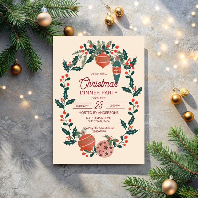 Invitación Navidades rayas retro gran fiesta de cena milenio (Christmas retro stripes grand millennial dinner party invitation cards template)