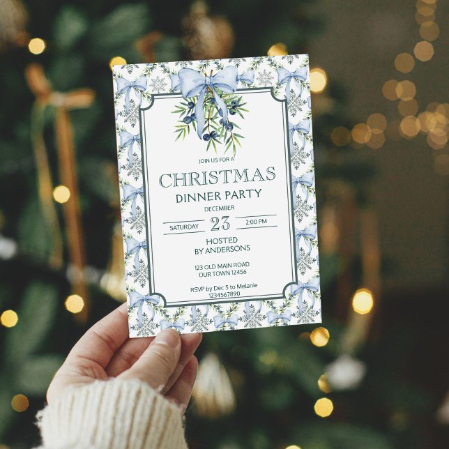 Invitación Navidades rayas retro gran fiesta de cena milenio (Christmas retro pines blue bow grand millennial dinner party invitation cards template)