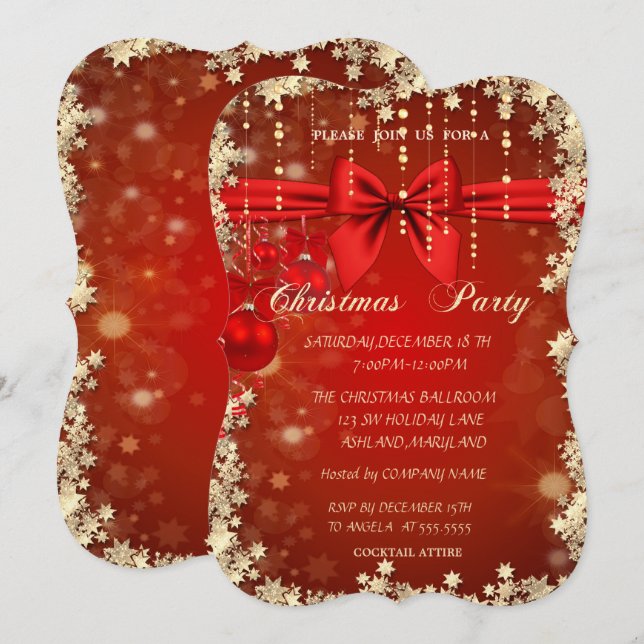 Invitación Navidades Red Balls, Bow, Fiesta corporativo de or (Anverso / Reverso)