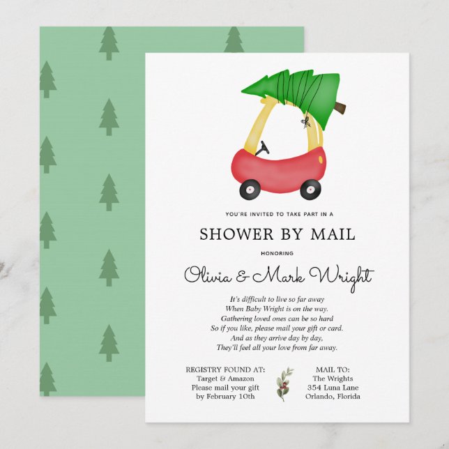 Invitación Navidades Red Car Baby Shower por correo (Anverso / Reverso)