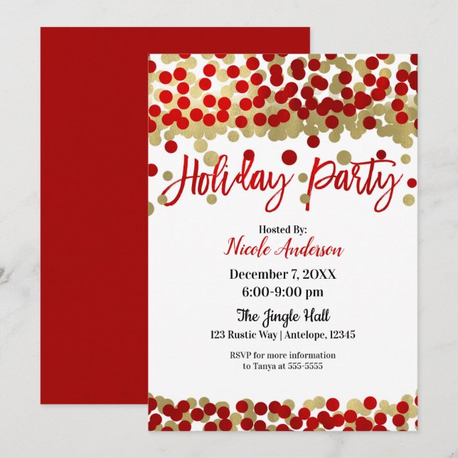 Invitación Navidades Red & Gold Dots fiesta de vacaciones mod (Anverso / Reverso)