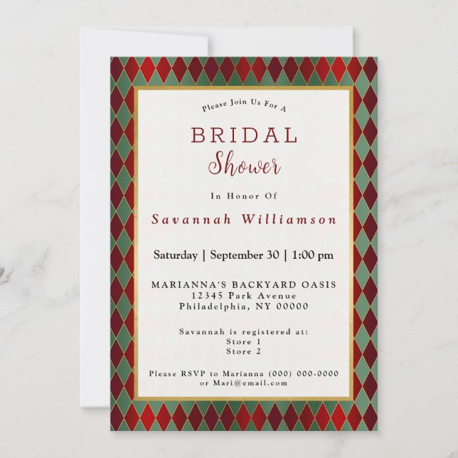 Invitación Navidades Red Gold Green Harlequin Bridal Shower (Anverso)