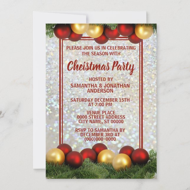Invitación Navidades Red Gold Ornaments Purpurina Fiesta (Anverso)