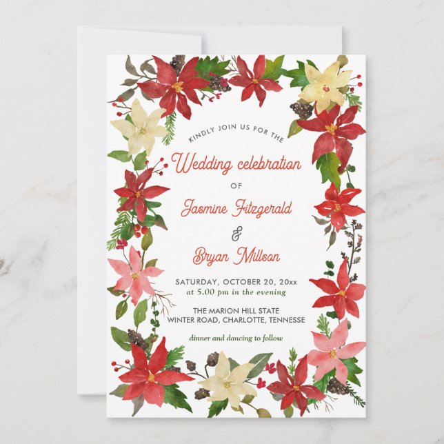 Invitación Navidades Red Poinsettia Floral Berry | BODA (Anverso)