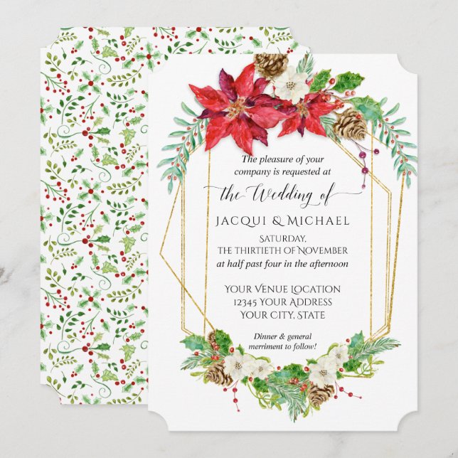 Invitación Navidades Red Poinsettia Gold Geometric Watercolor (Anverso / Reverso)